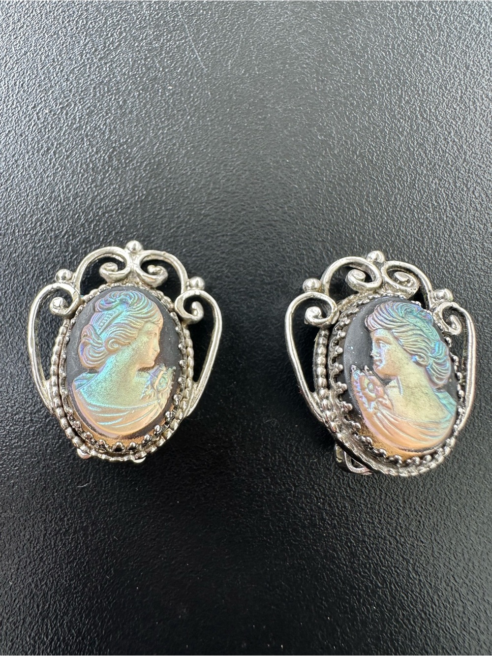 Vintage Whiting and Davis Iridescent Cameo Silver Tone Clip On Earrings - Picture 2 of 6